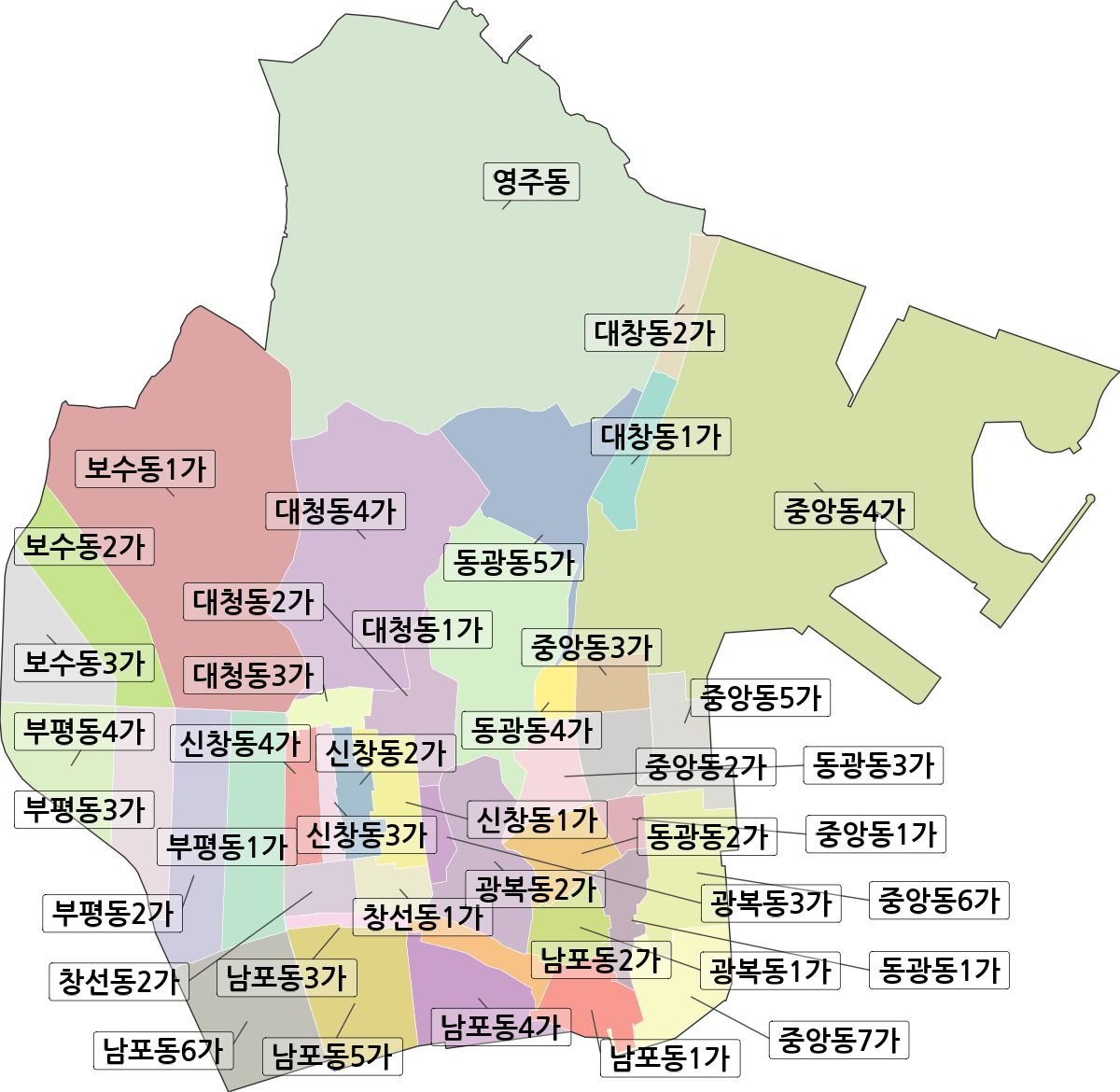 부산광역시 중구 법정동 행정구역 경계 지도