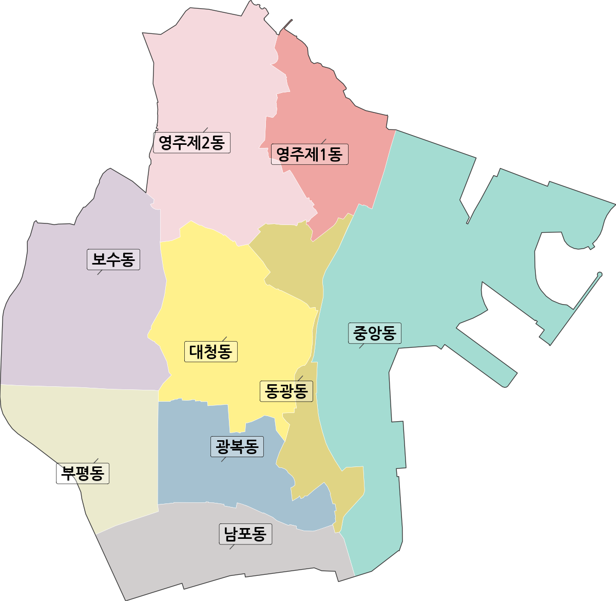 부산광역시 중구 행정동 행정구역 경계 지도