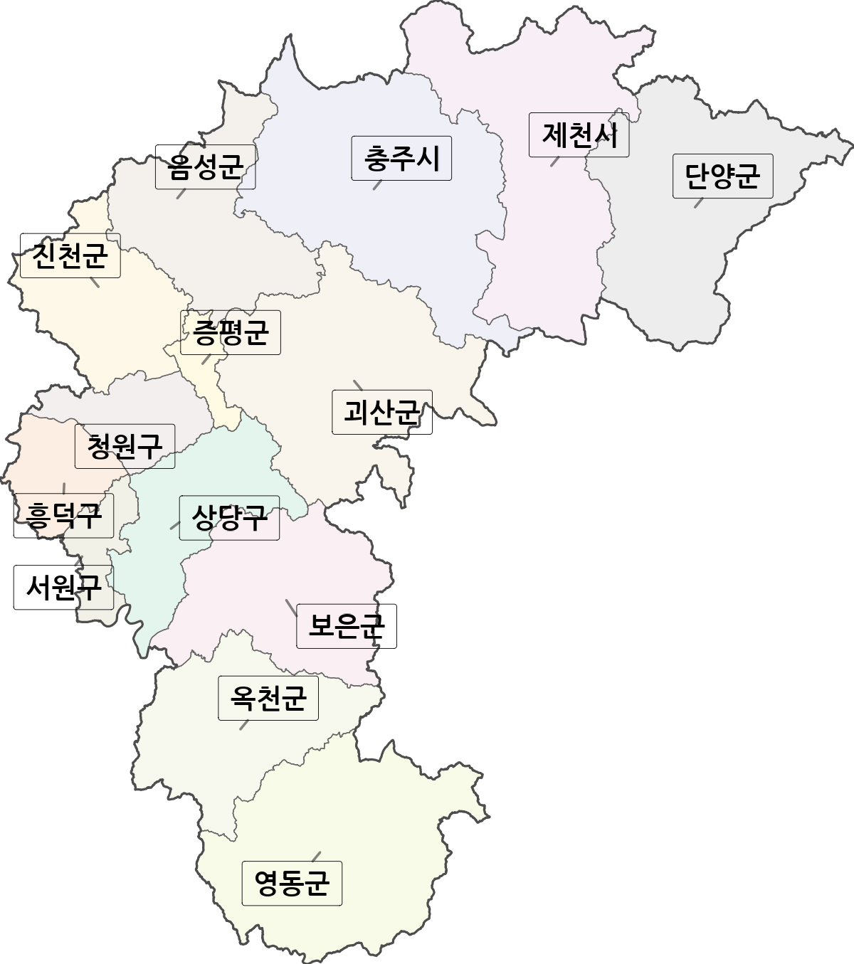 충청북도 행정구역 경계 지도