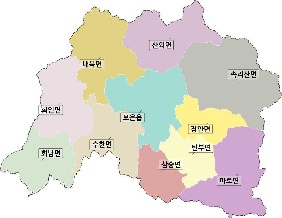 충청북도 보은군 행정동 행정구역 경계 지도