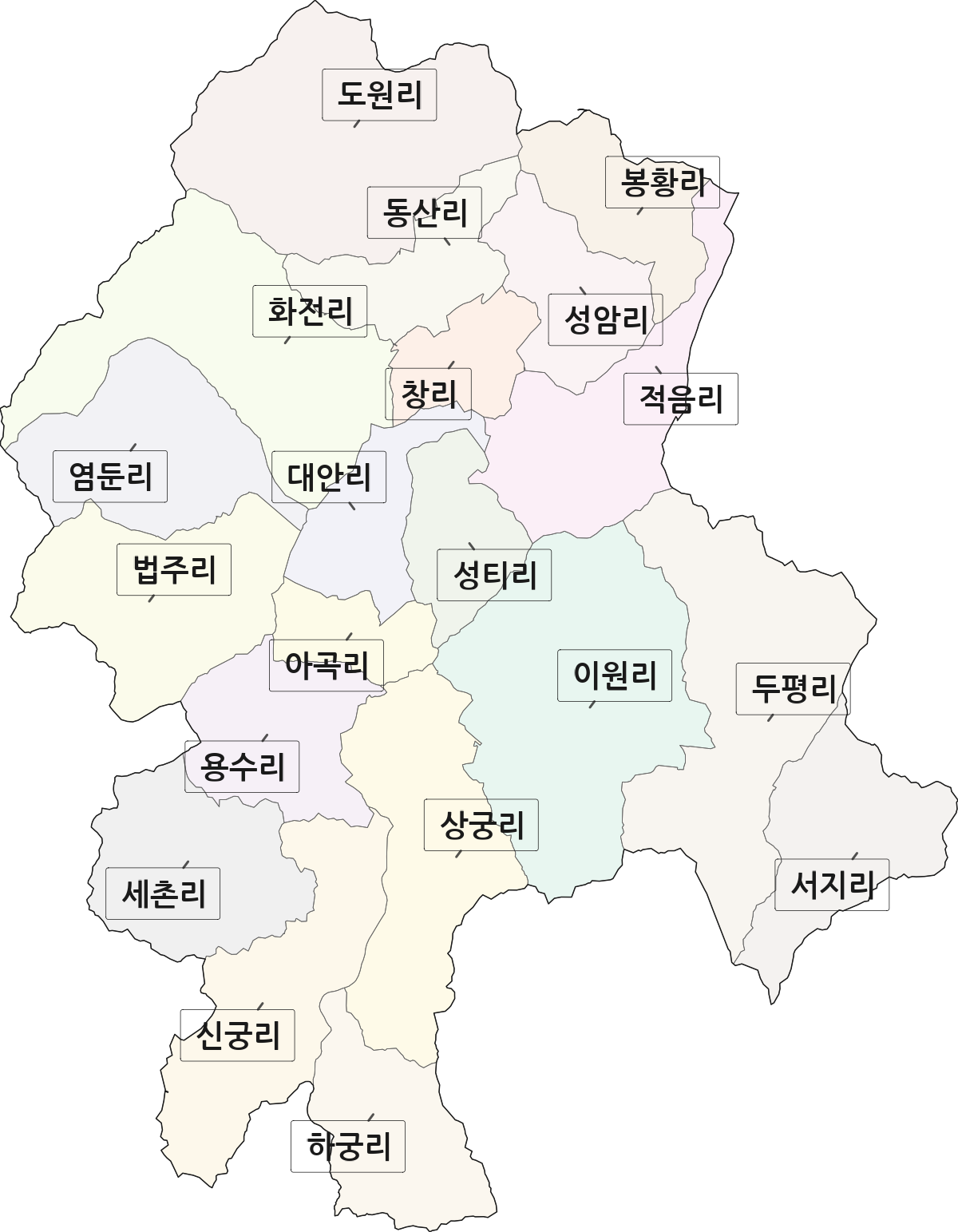 충청북도 보은군 내북면 법정동 리 구분 행정구역 경계 지도