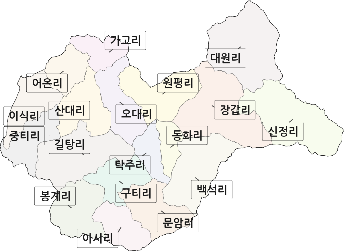 충청북도 보은군 산외면 법정동 리 구분 행정구역 경계 지도