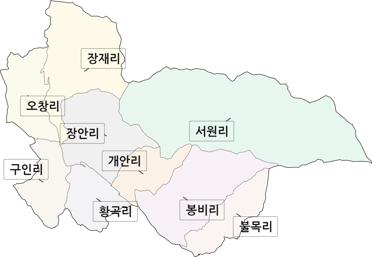 충청북도 보은군 장안면 법정동 리 구분 행정구역 경계 지도