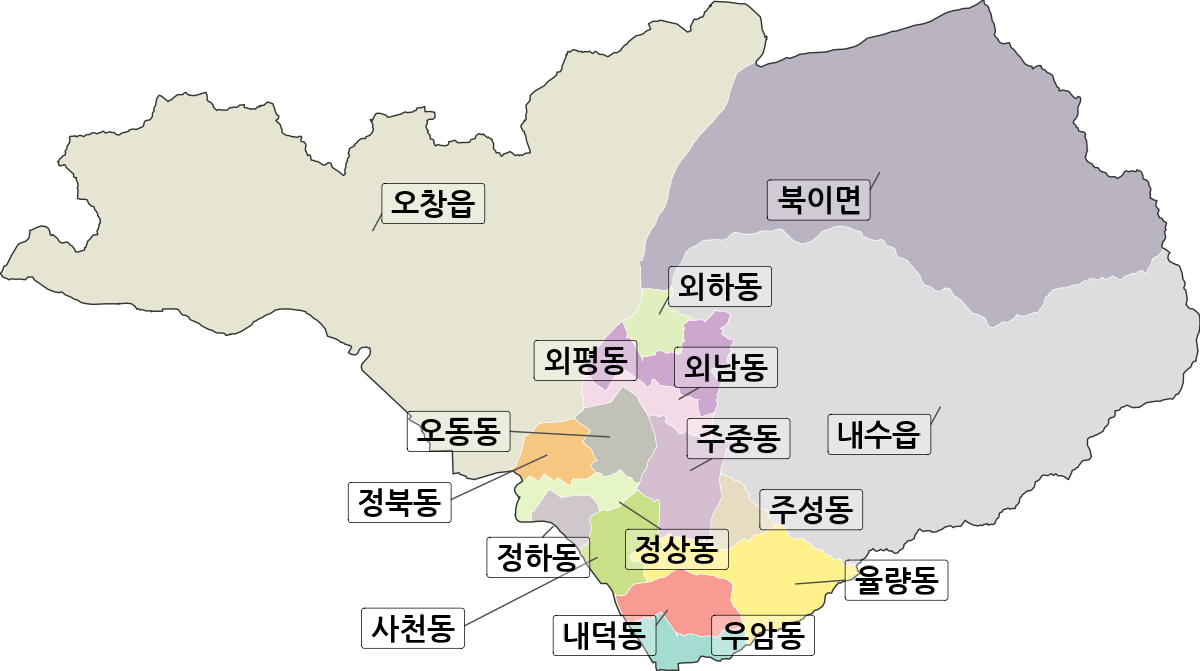 충청북도 청주시 청원구 법정동 행정구역 경계 지도