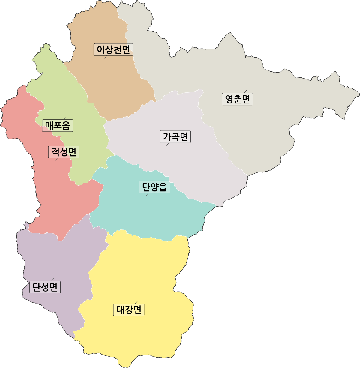 충청북도 단양군 법정동 행정구역 경계 지도