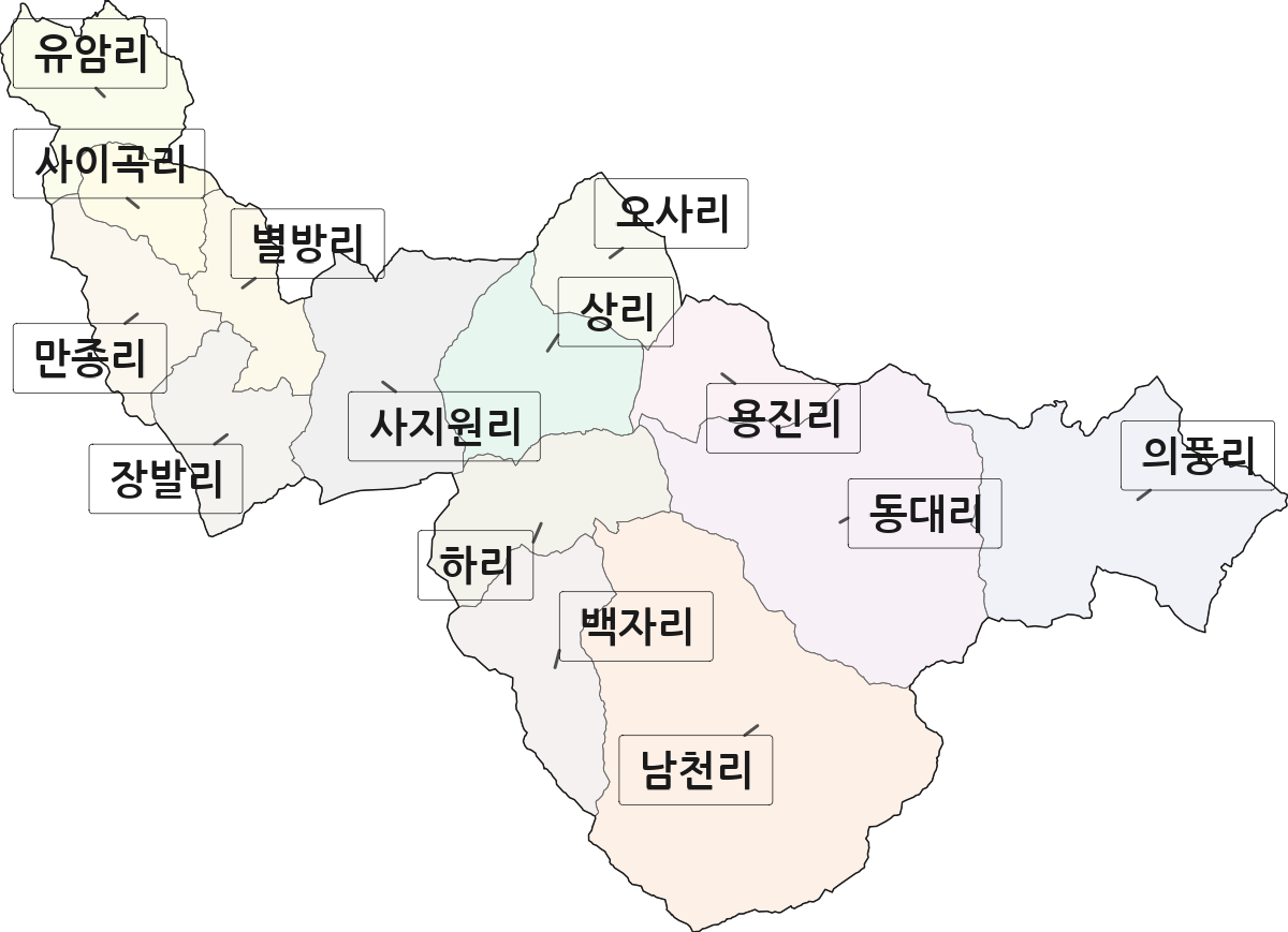 충청북도 단양군 영춘면 법정동 리 구분 행정구역 경계 지도