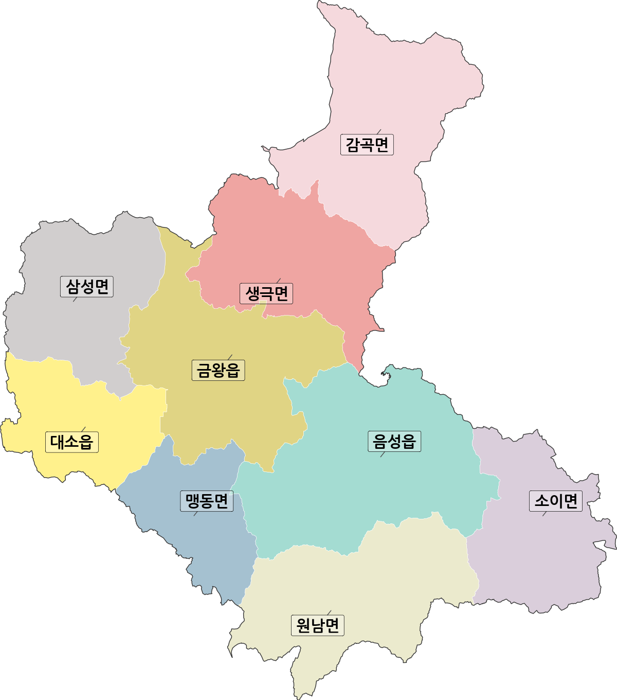 충청북도 음성군 행정동 행정구역 경계 지도