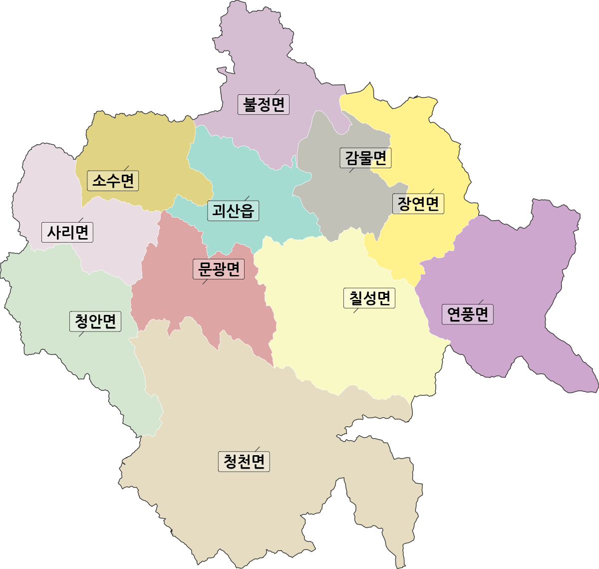 충청북도 괴산군 법정동 행정구역 경계 지도