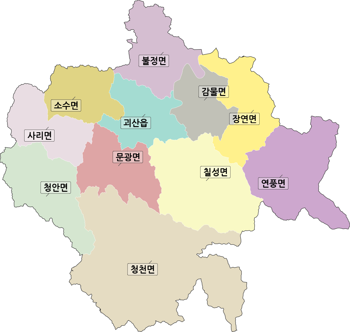 충청북도 괴산군 행정동 행정구역 경계 지도