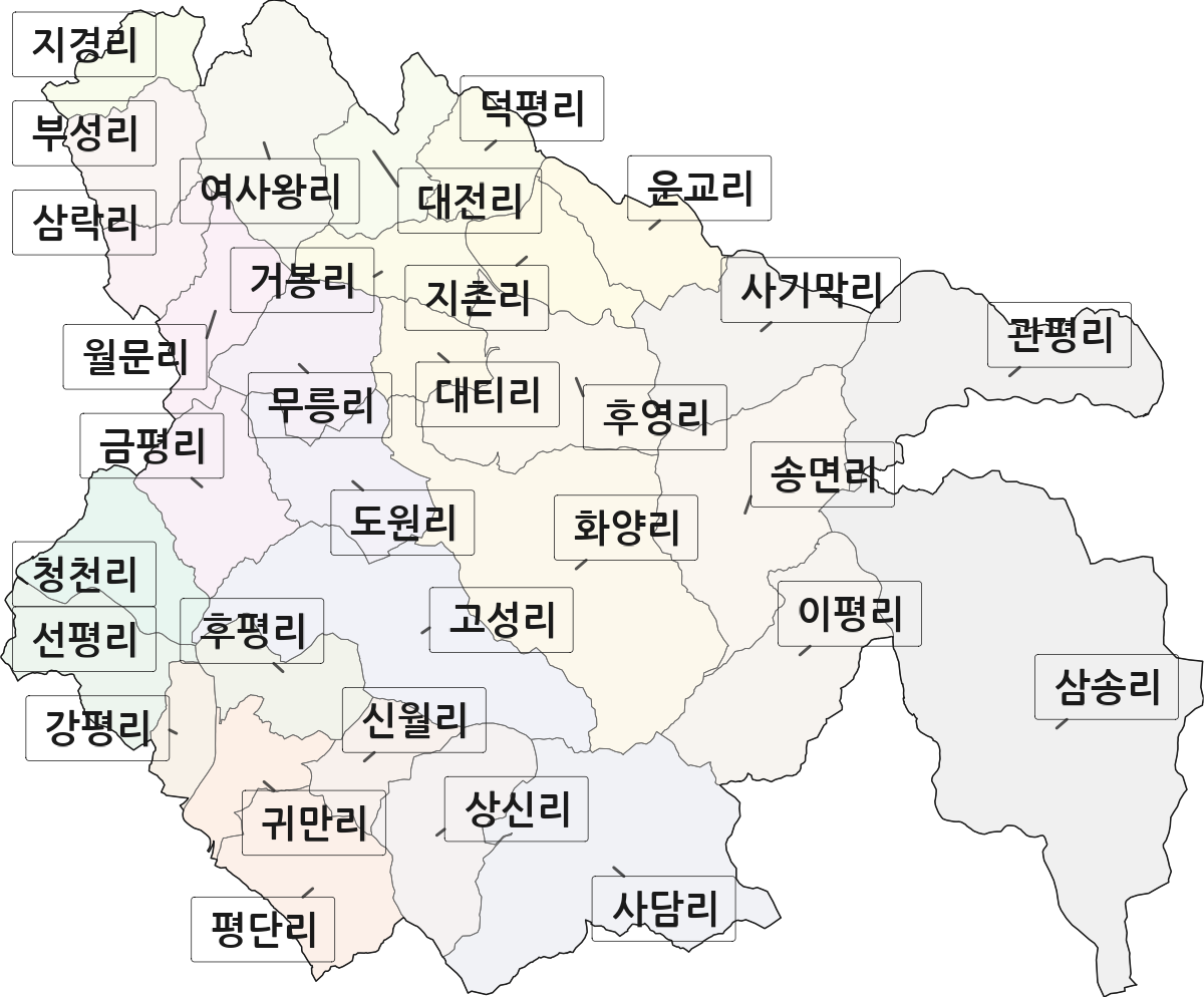 충청북도 괴산군 청천면 법정동 리 구분 행정구역 경계 지도