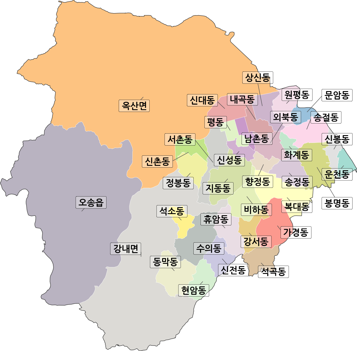 충청북도 청주시 흥덕구 법정동 행정구역 경계 지도