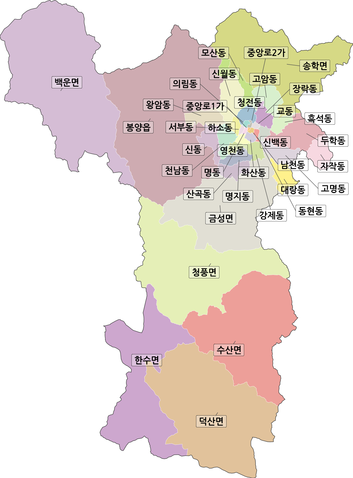 충청북도 제천시 법정동 행정구역 경계 지도