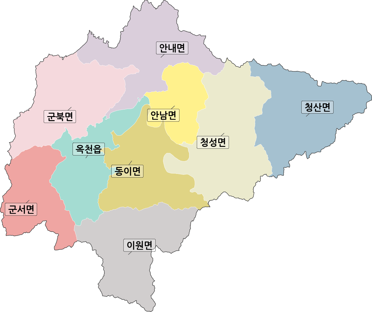 충청북도 옥천군 법정동 행정구역 경계 지도