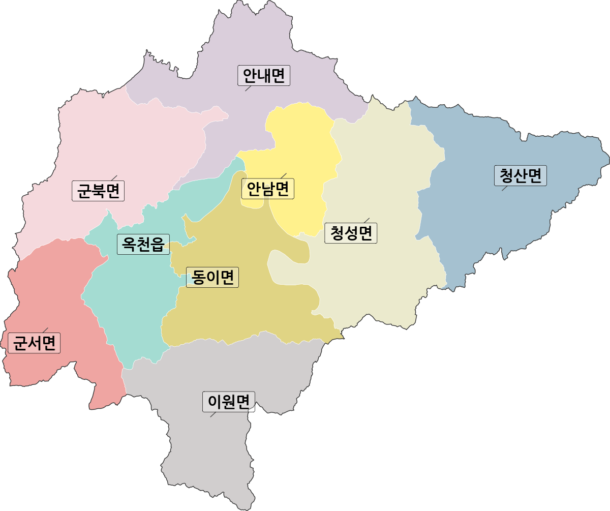 충청북도 옥천군 행정동 행정구역 경계 지도