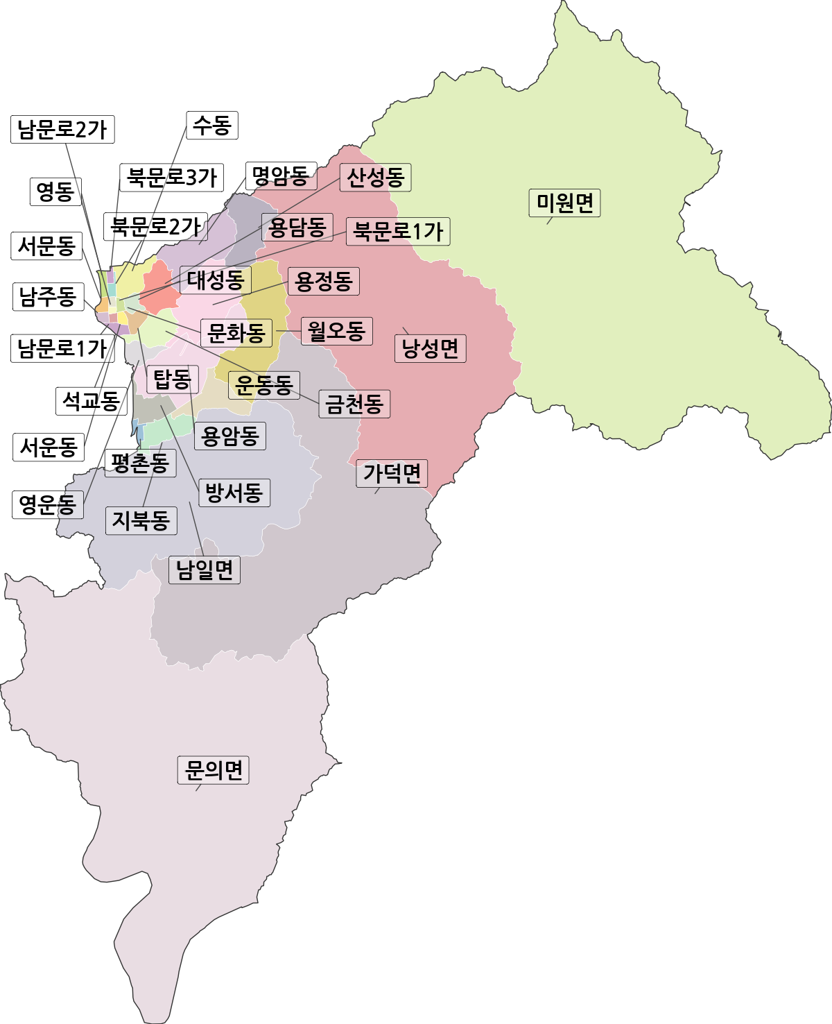 충청북도 청주시 상당구 법정동 행정구역 경계 지도