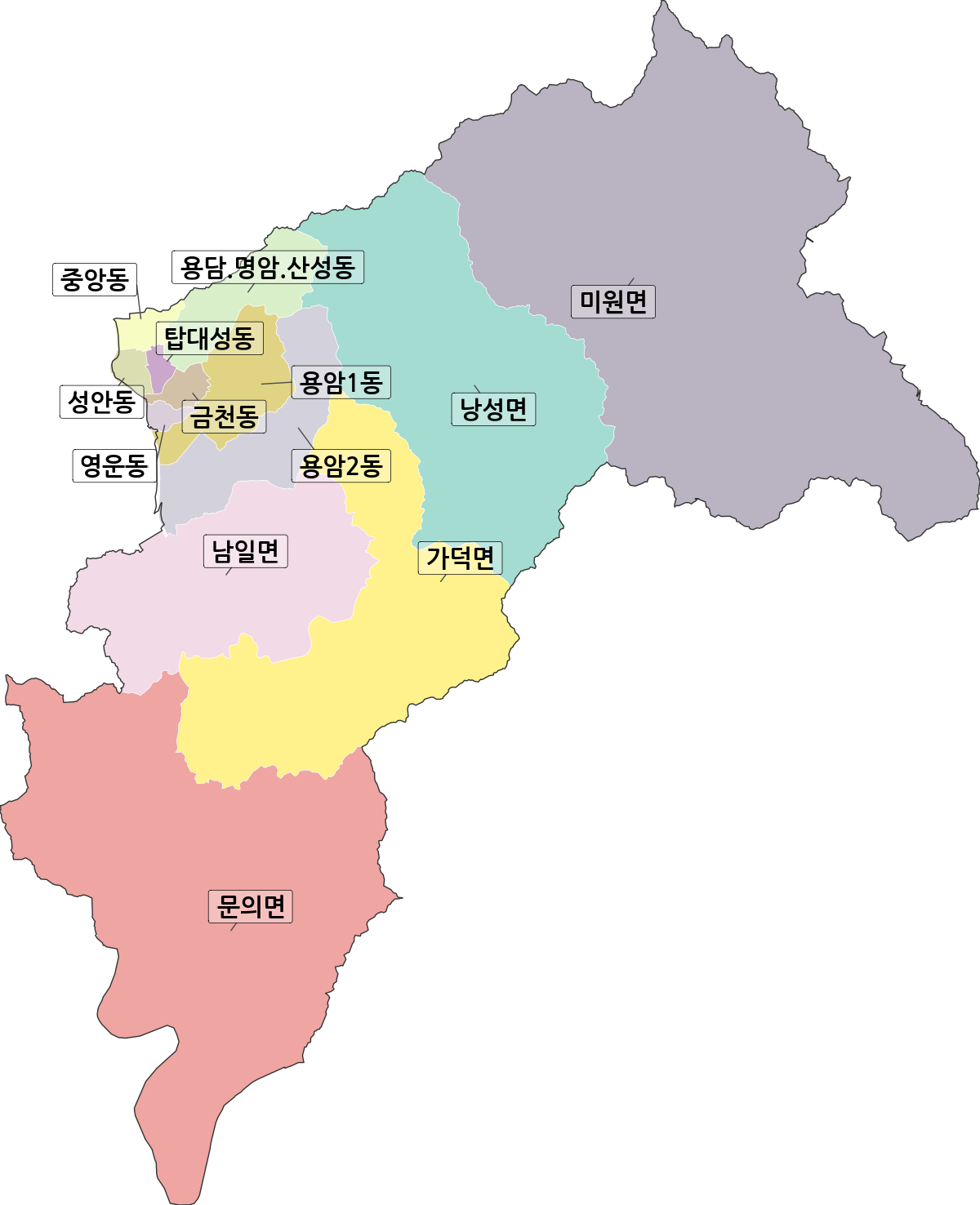 충청북도 청주시 상당구 행정동 행정구역 경계 지도