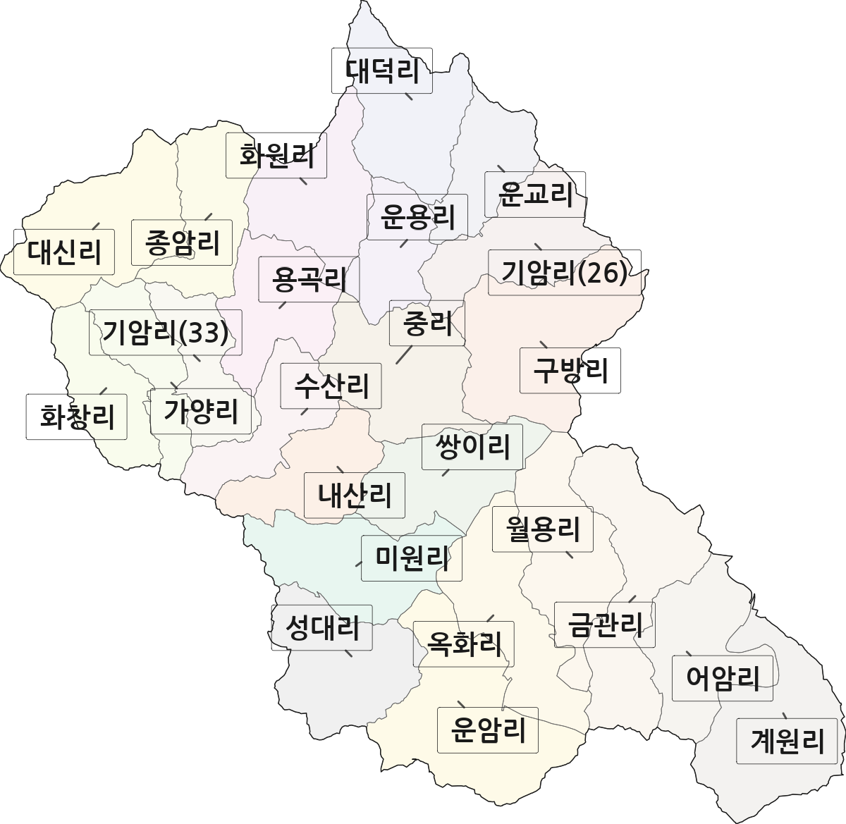 충청북도 청주시 상당구 미원면 법정동 리 구분 행정구역 경계 지도