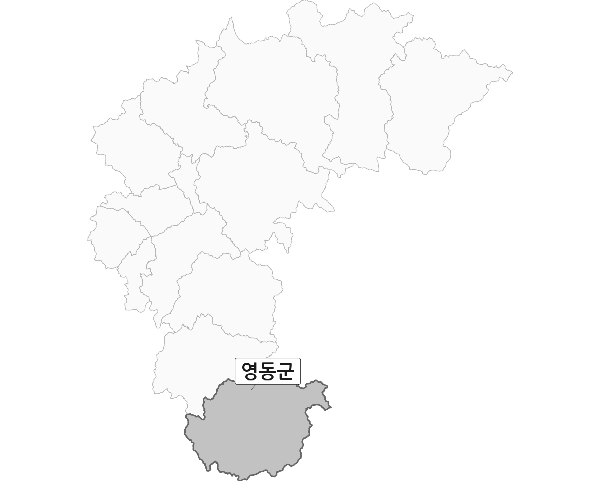 충청북도 범위 내 영동군 행정구역 경계 지도