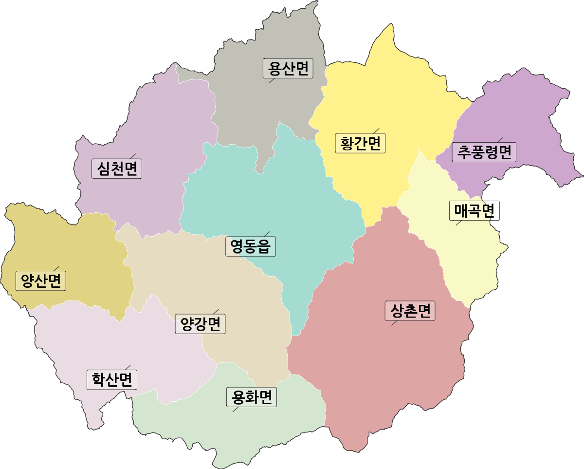 충청북도 영동군 법정동 행정구역 경계 지도
