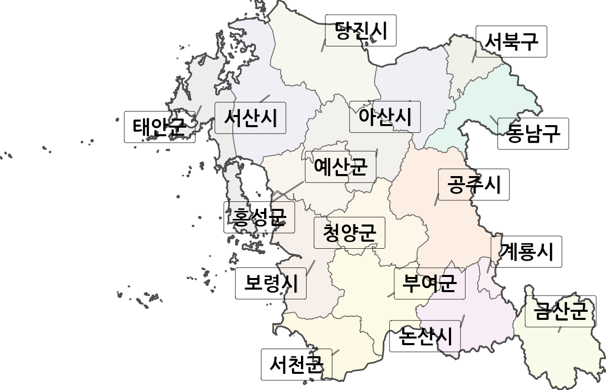 충청남도 행정구역 경계 지도