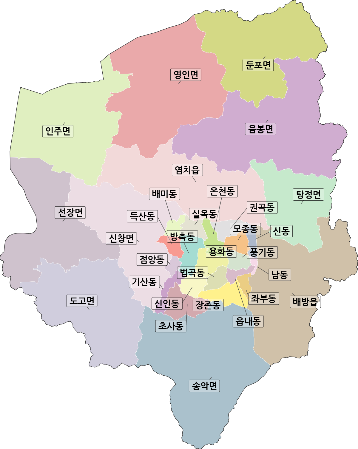 충청남도 아산시 법정동 행정구역 경계 지도