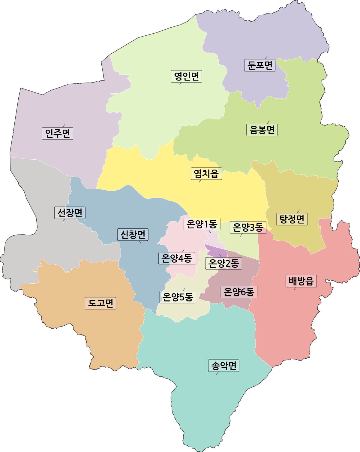 충청남도 아산시 행정동 행정구역 경계 지도