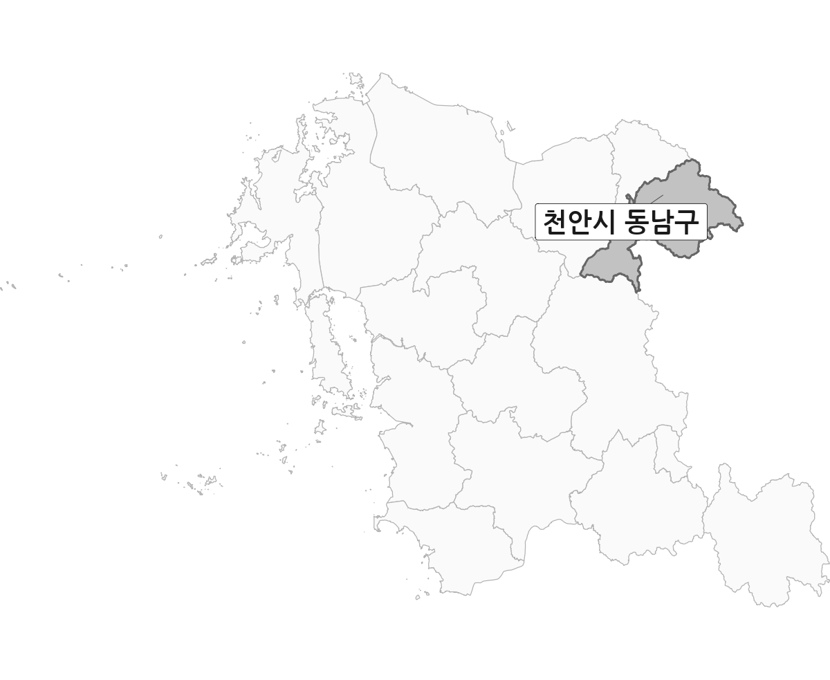 충청남도 범위 내 천안시 동남구 행정구역 경계 지도
