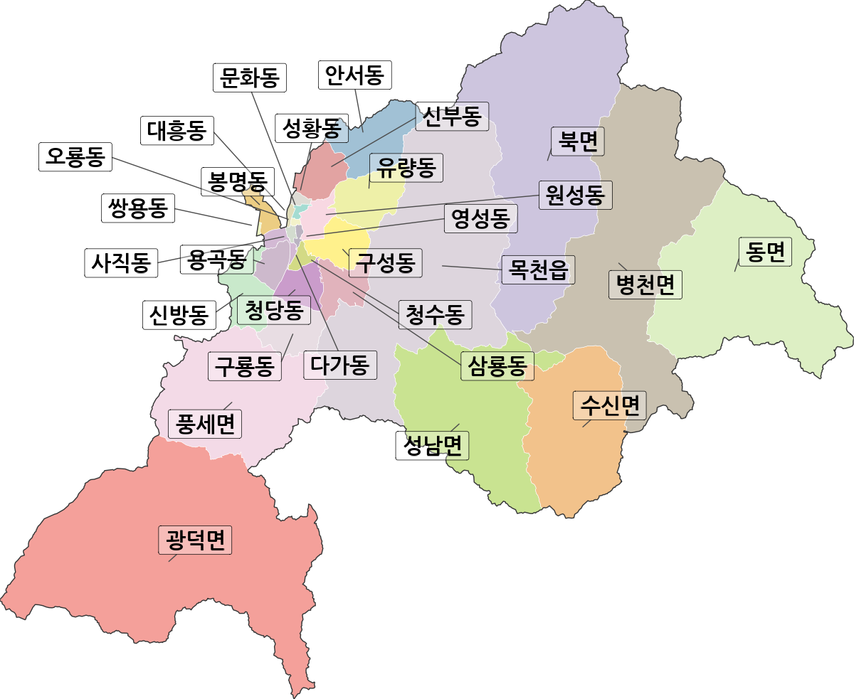 충청남도 천안시 동남구 법정동 행정구역 경계 지도