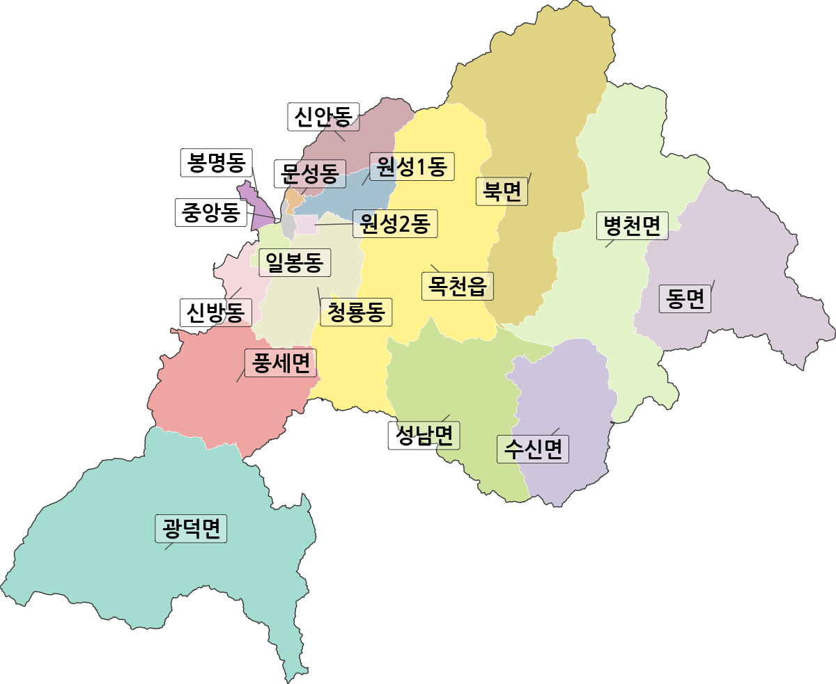 충청남도 천안시 동남구 행정동 행정구역 경계 지도