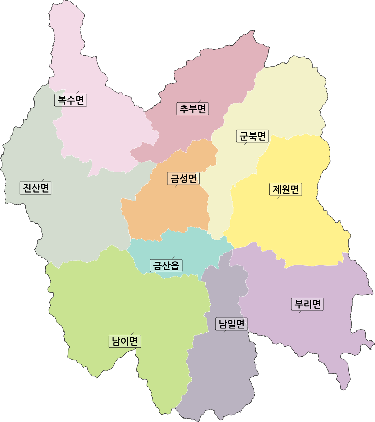 충청남도 금산군 행정동 행정구역 경계 지도