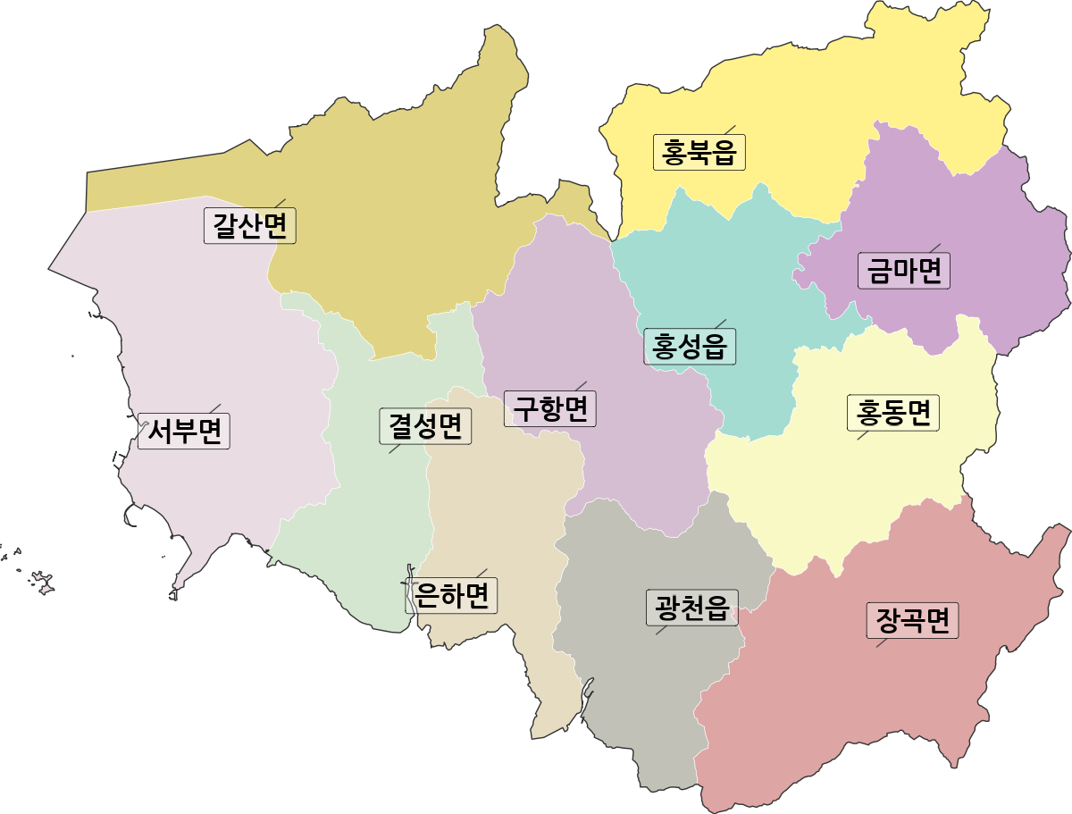 충청남도 홍성군 법정동 행정구역 경계 지도