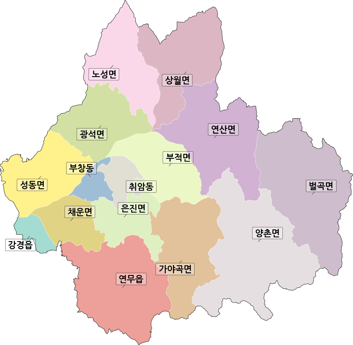 충청남도 논산시 행정동 행정구역 경계 지도