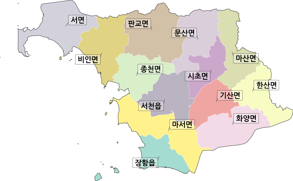 충청남도 서천군 법정동 행정구역 경계 지도