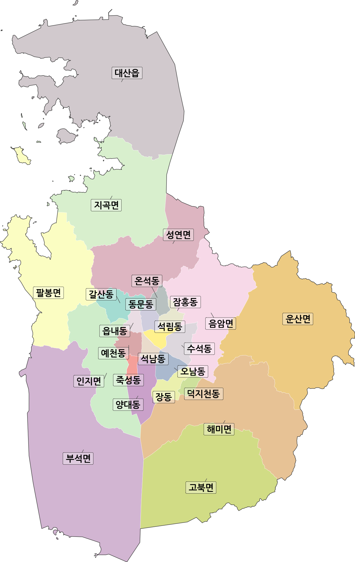 충청남도 서산시 법정동 행정구역 경계 지도