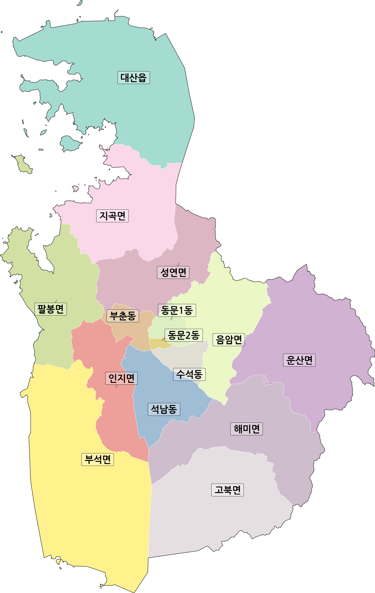 충청남도 서산시 행정동 행정구역 경계 지도