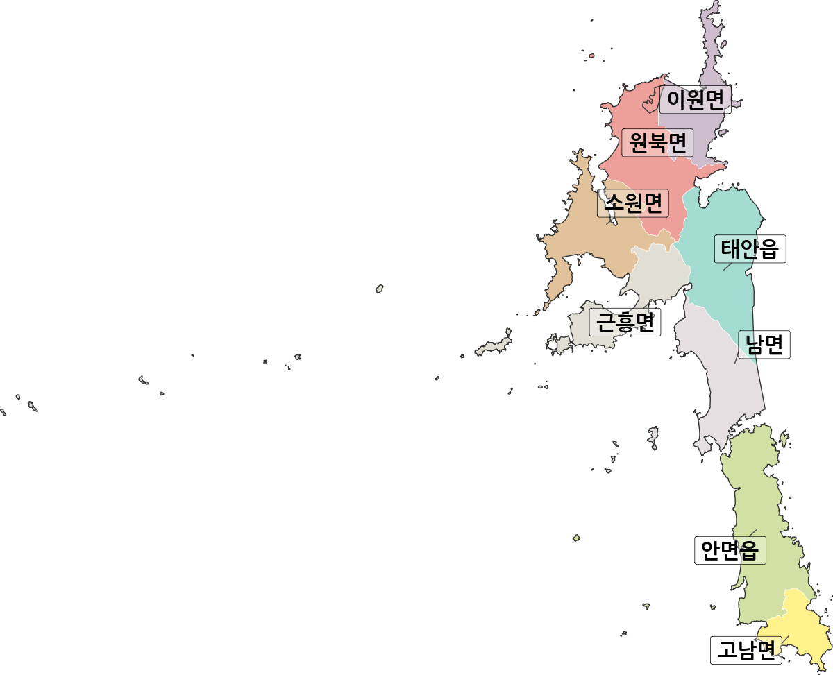 충청남도 태안군 행정동 행정구역 경계 지도