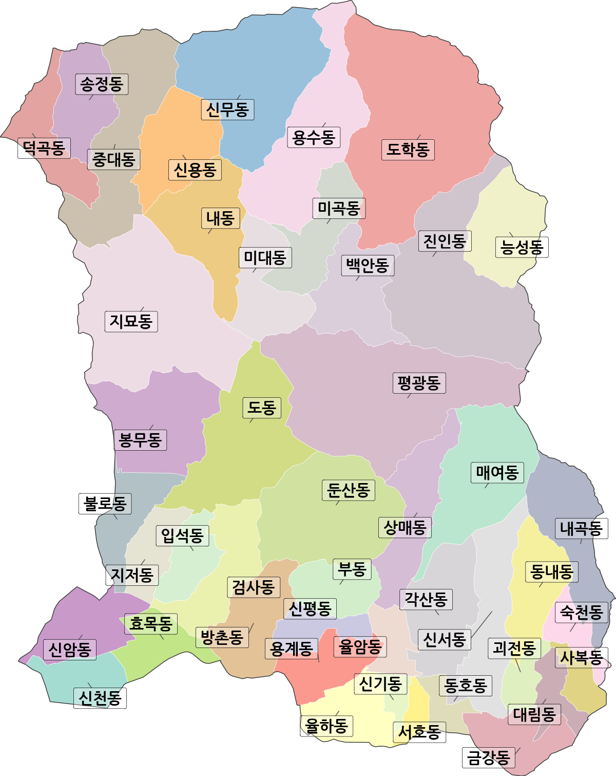 대구광역시 동구 법정동 행정구역 경계 지도