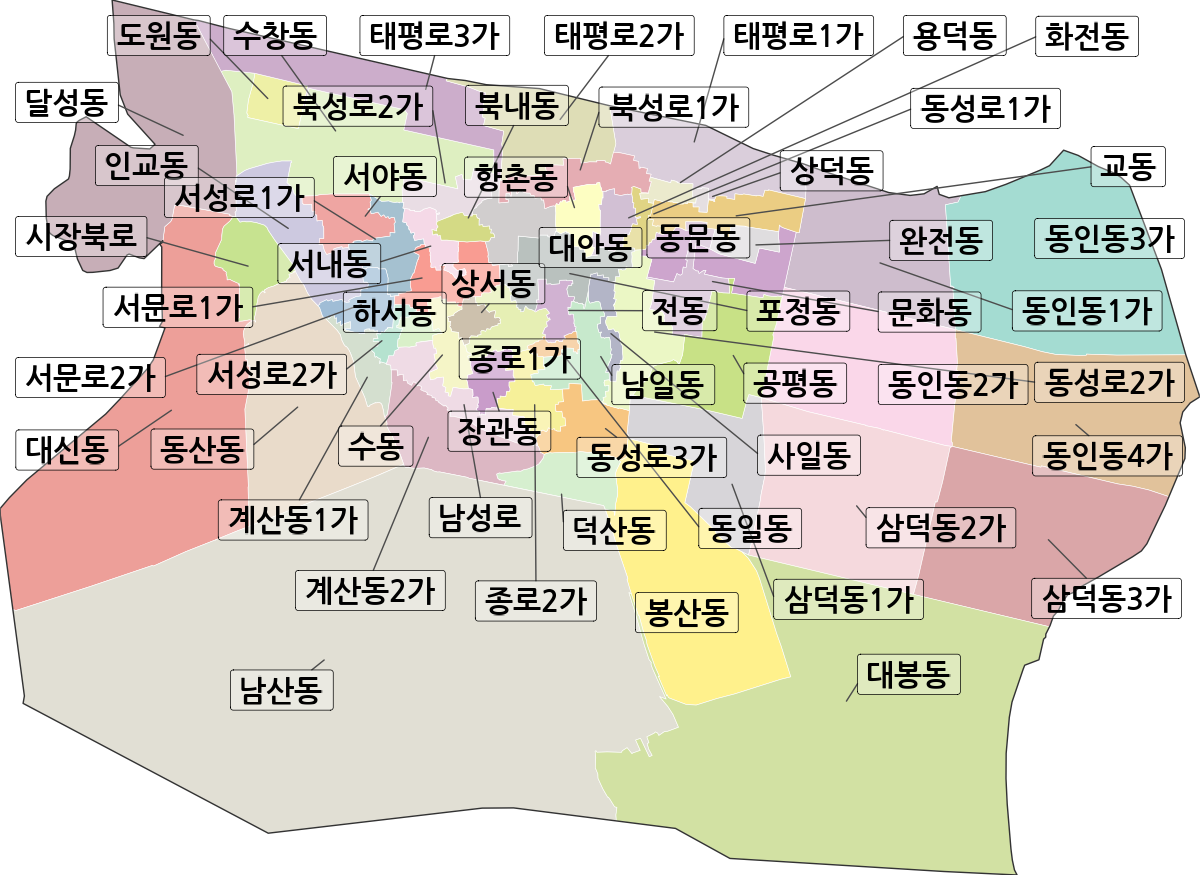 대구광역시 중구 법정동 행정구역 경계 지도