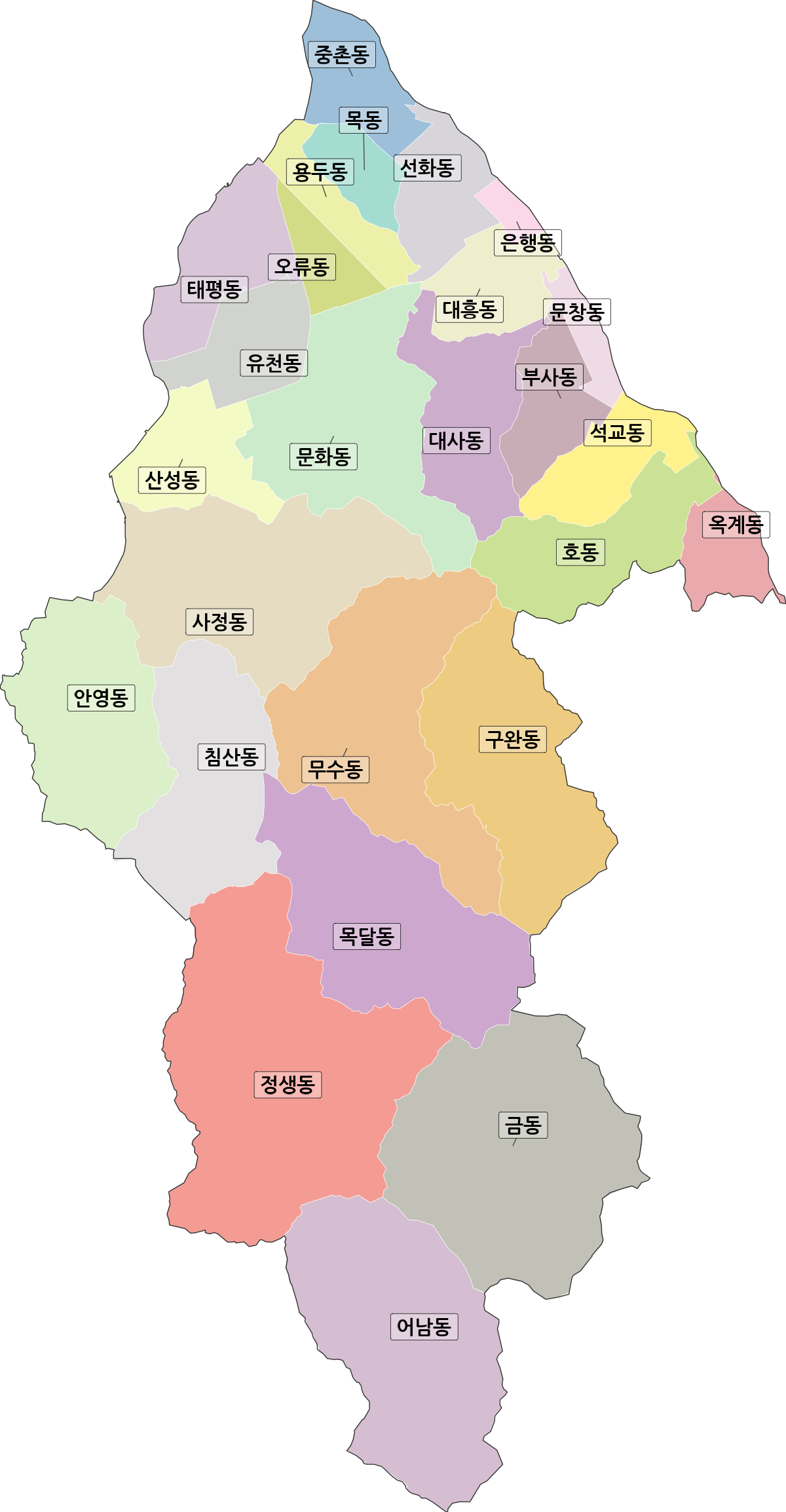 대전광역시 중구 법정동 행정구역 경계 지도