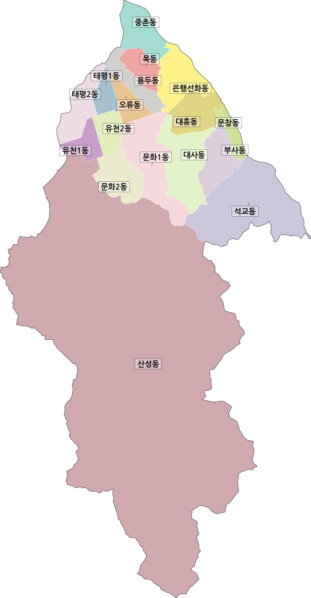 대전광역시 중구 행정동 행정구역 경계 지도