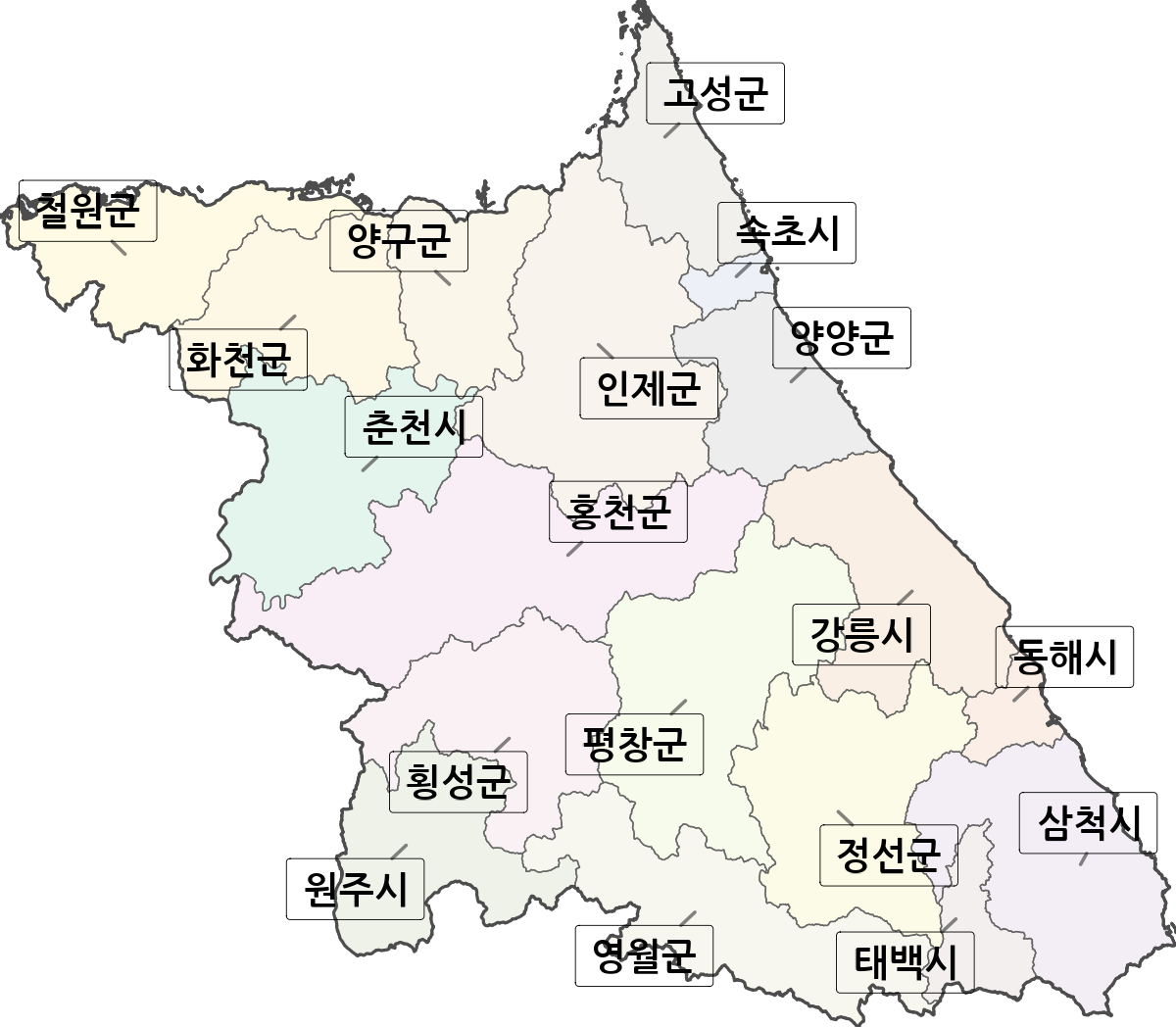 강원특별자치도 행정구역 경계 지도
