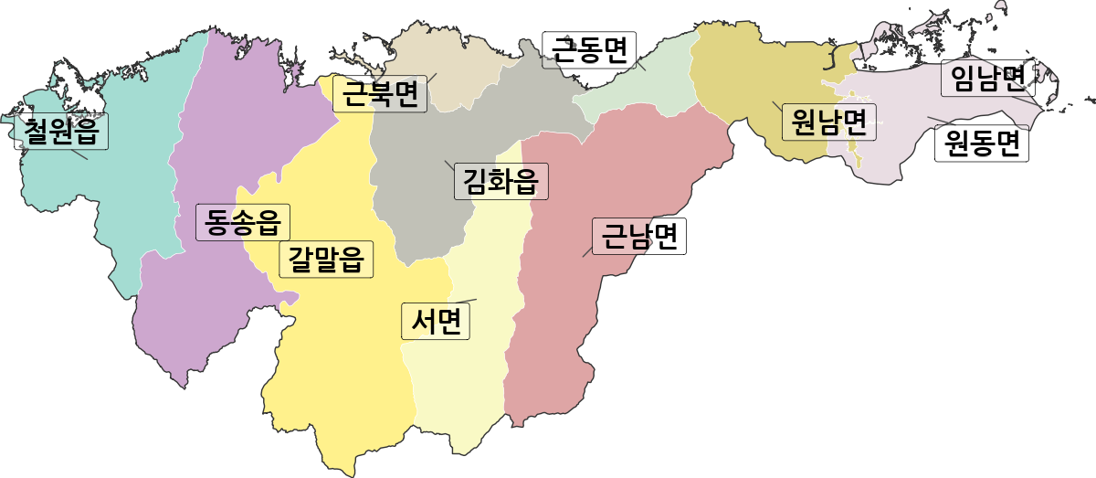 강원특별자치도 철원군 행정동 행정구역 경계 지도