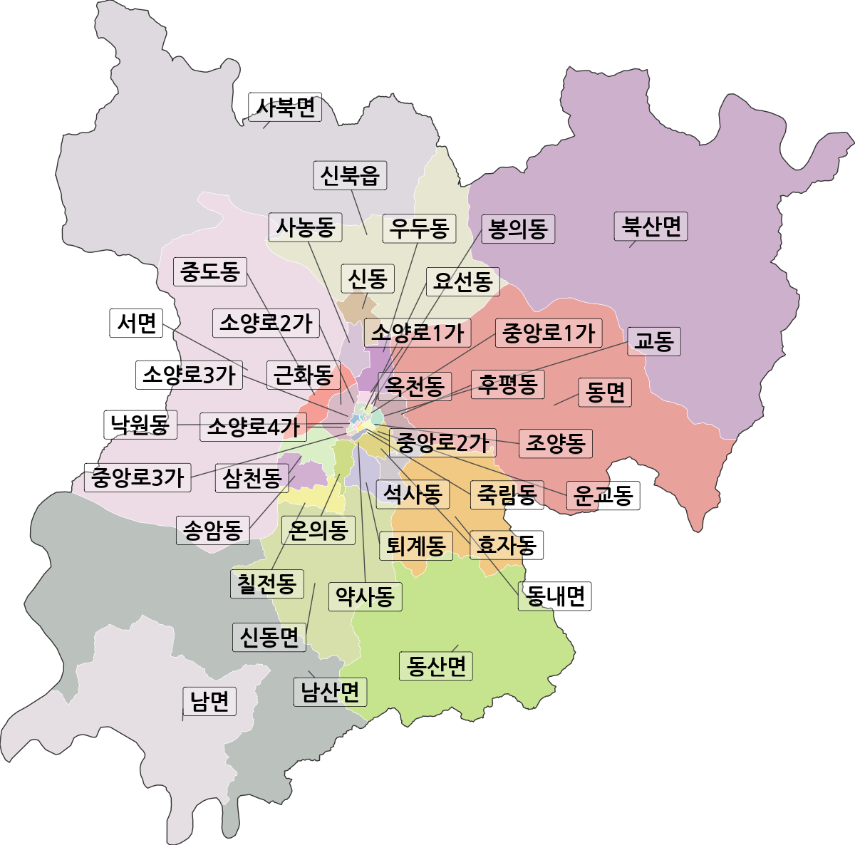 강원특별자치도 춘천시 법정동 행정구역 경계 지도