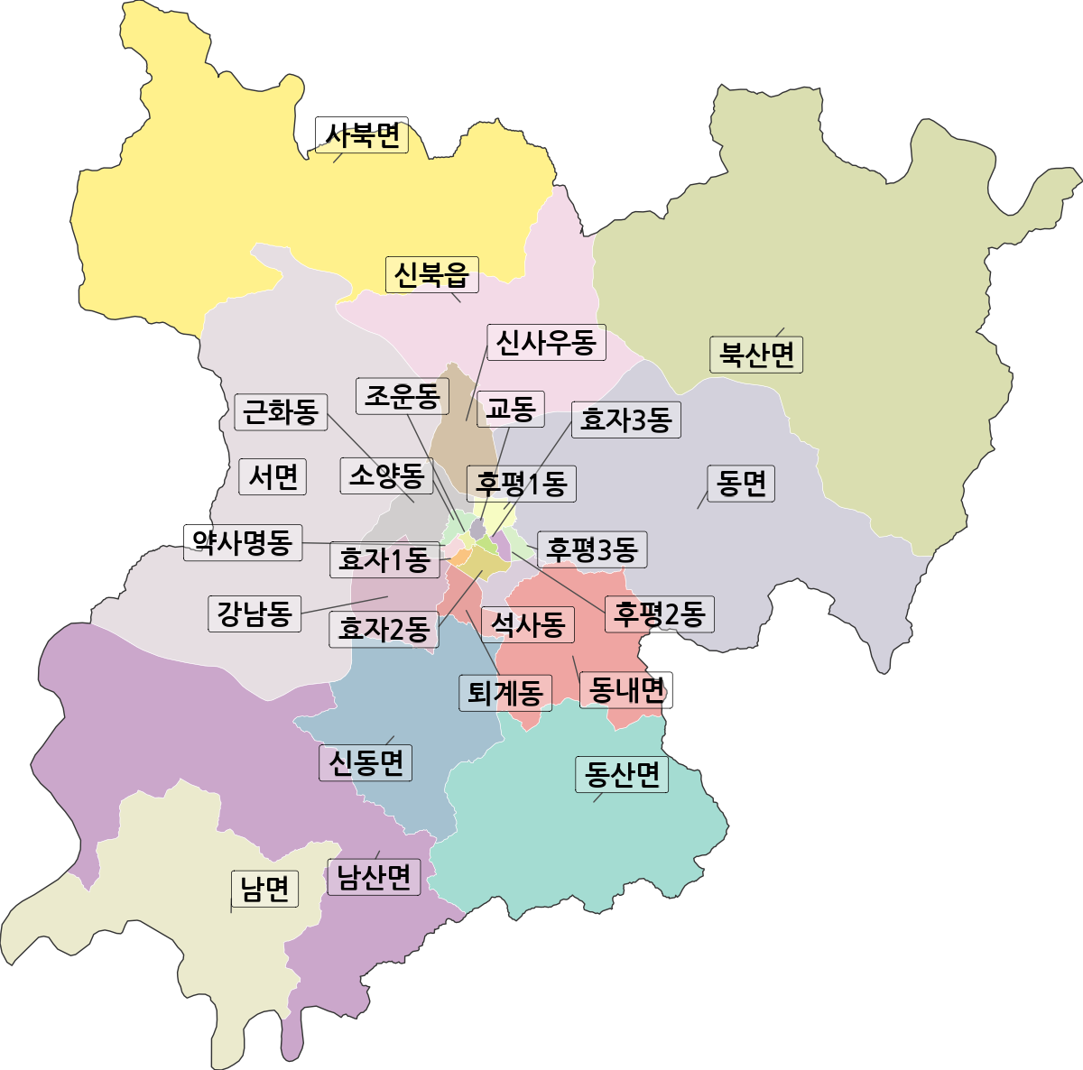 강원특별자치도 춘천시 행정동 행정구역 경계 지도