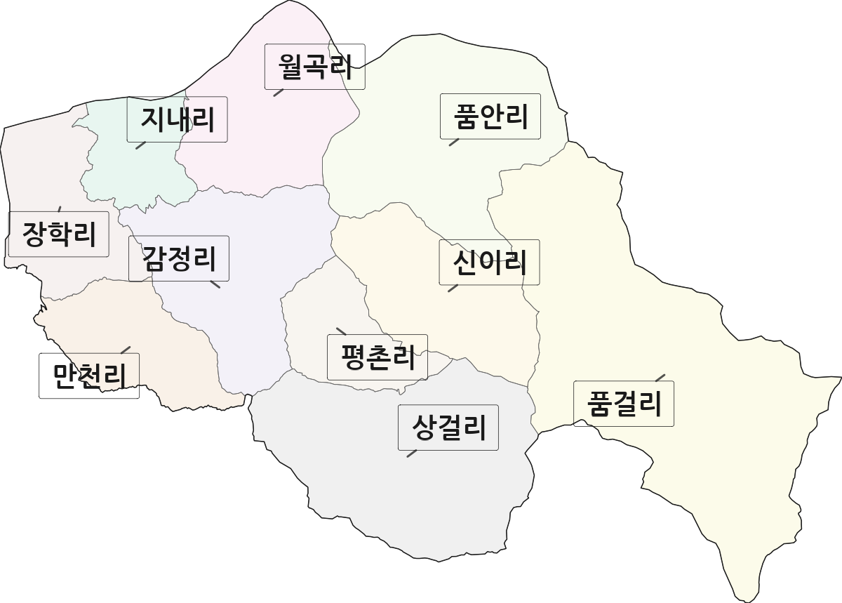 강원특별자치도 춘천시 동면 법정동 리 구분 행정구역 경계 지도