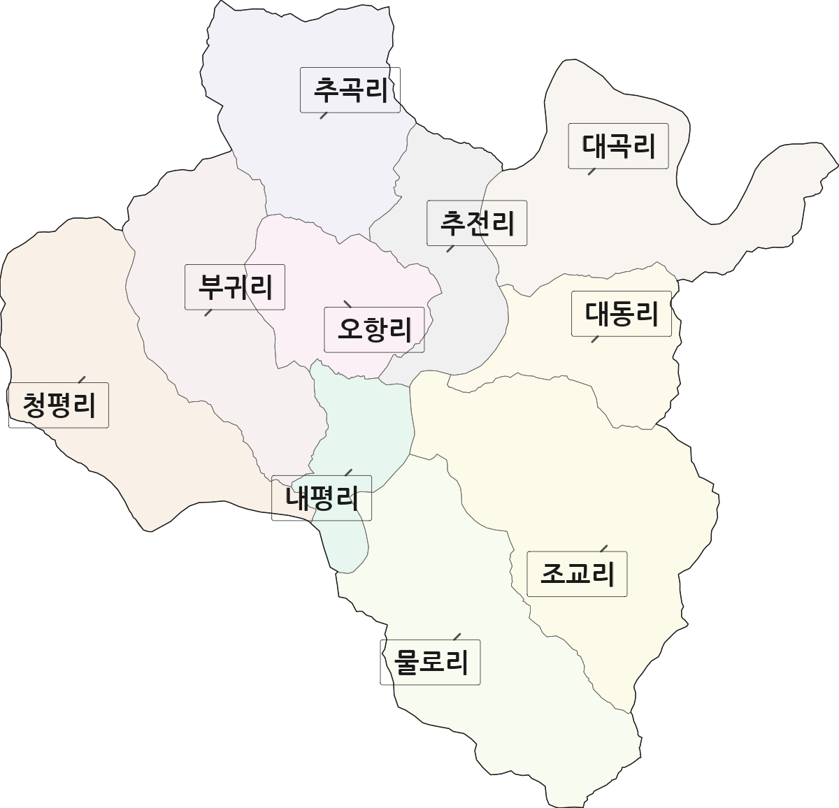 강원특별자치도 춘천시 북산면 법정동 리 구분 행정구역 경계 지도