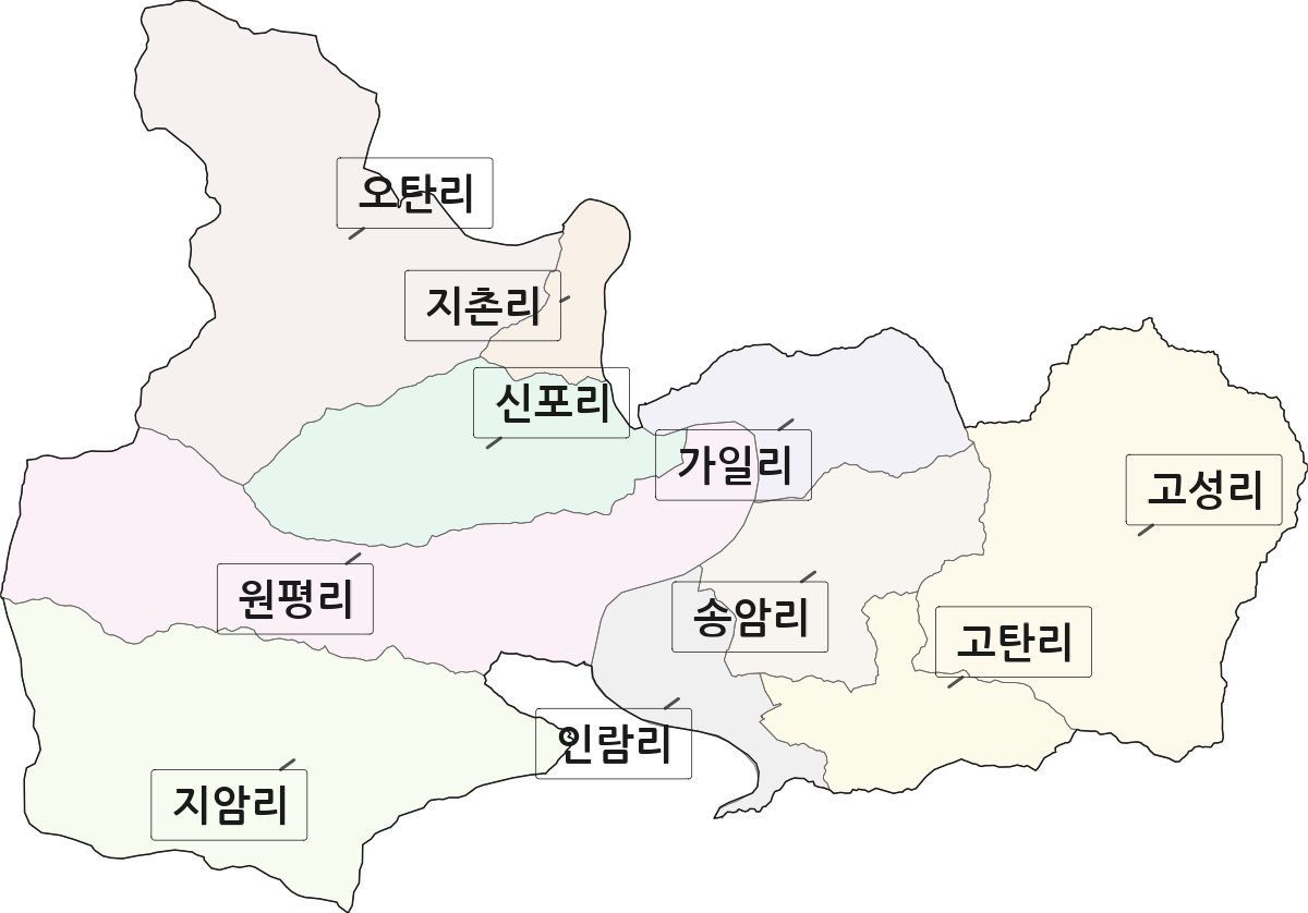 강원특별자치도 춘천시 사북면 법정동 리 구분 행정구역 경계 지도