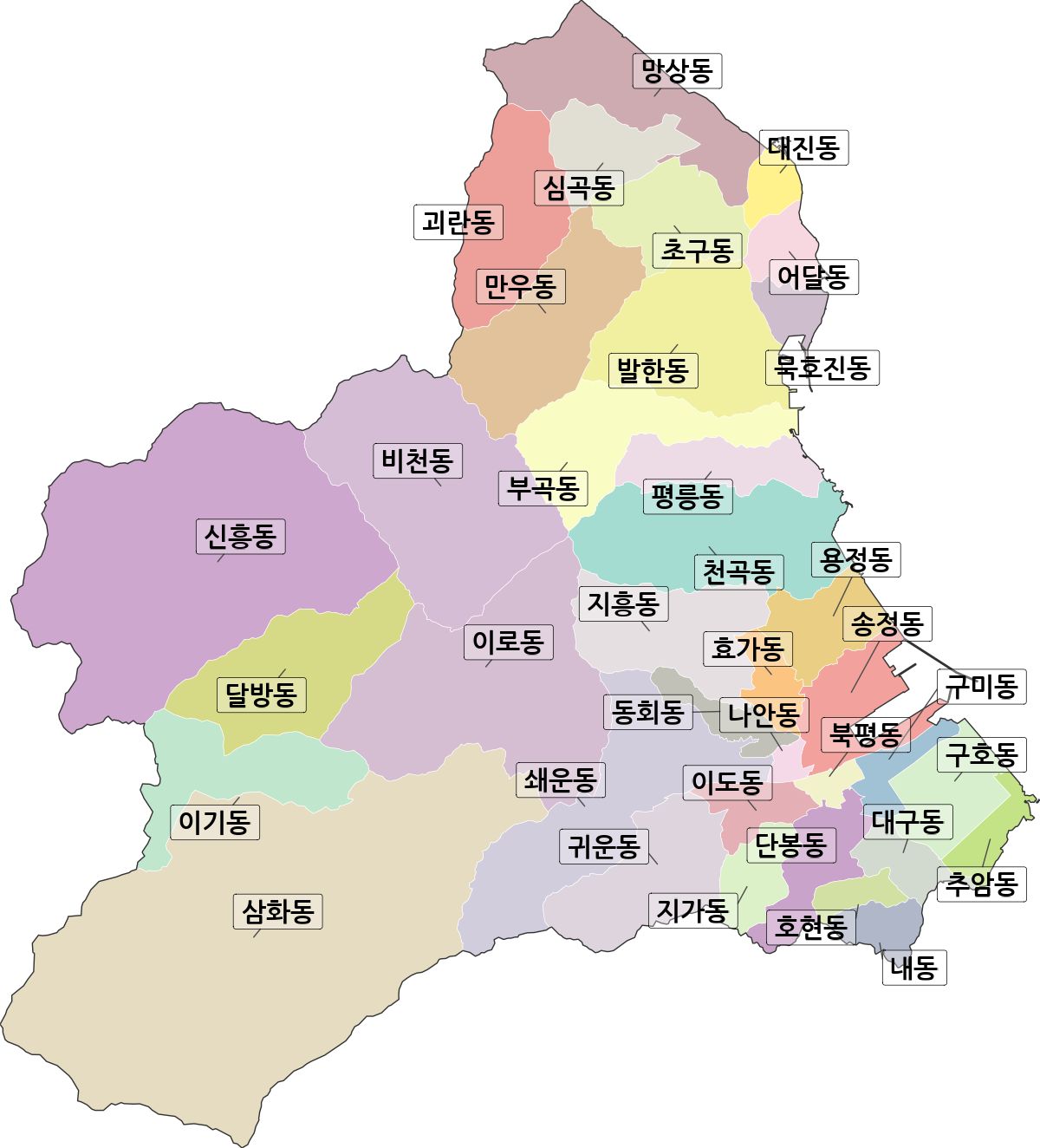 강원특별자치도 동해시 법정동 행정구역 경계 지도