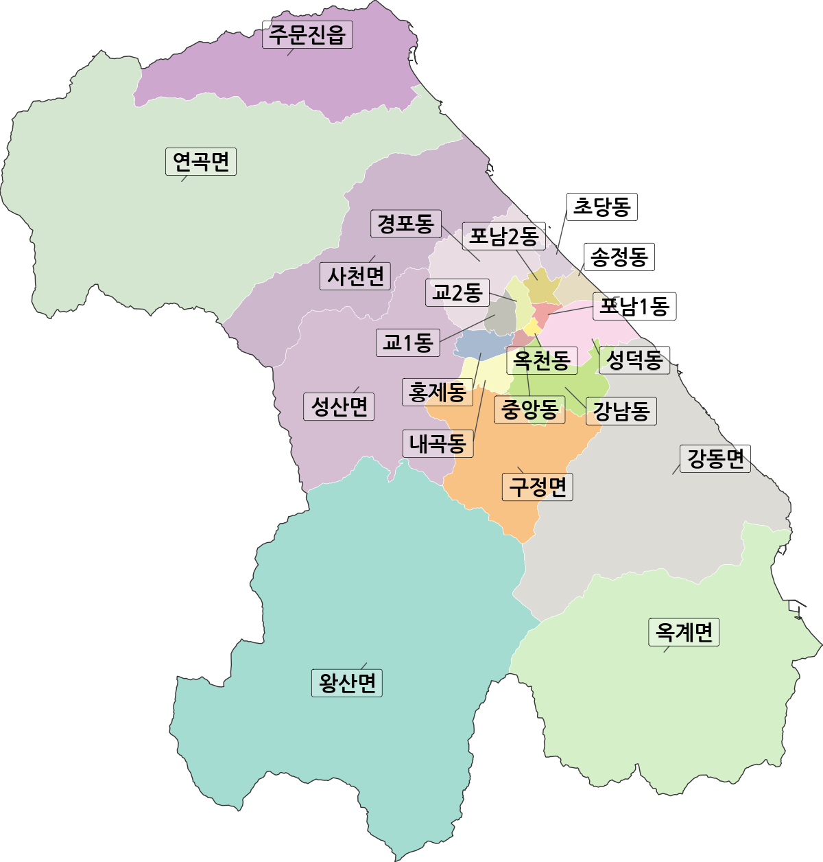 강원특별자치도 강릉시 행정동 행정구역 경계 지도