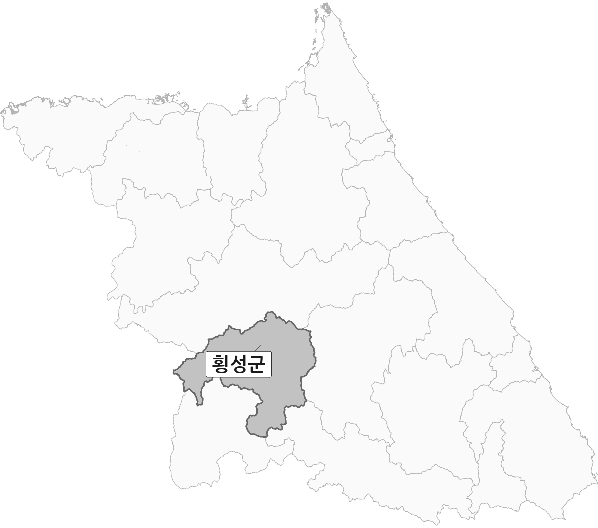 강원특별자치도 범위 내 횡성군 행정구역 경계 지도